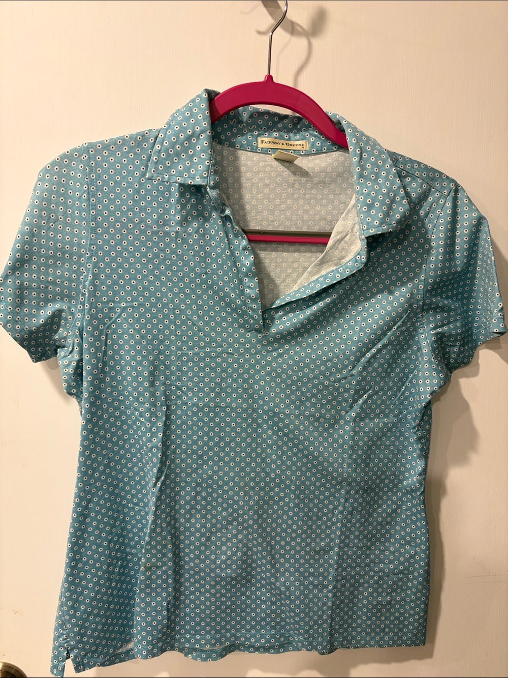Fairway & Green Women’s Teal Short-Sleeve Polo Top with Micro Dot Print size M